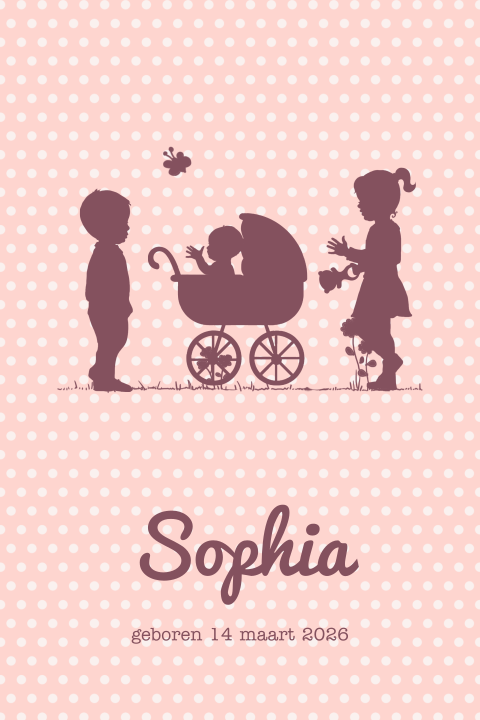 Pastelroze geboortekaartje profielen kindjes 3e kind
