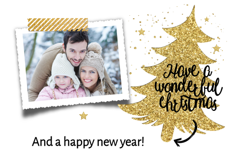 Luxe kerstkaart in wit en goudkleur met kerstboom en eigen foto