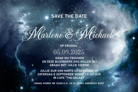 Trouwkaart of Save The Date met blauwe galaxy achtergrond