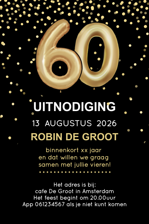 Uitnodiging voor een verjaardag met goudlook confetti ballon 60 jaar