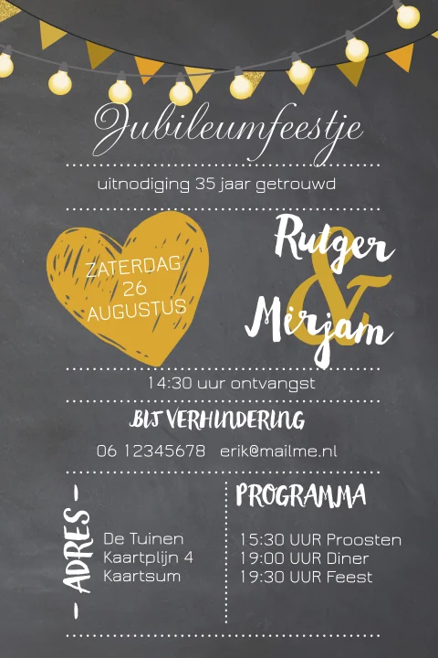 Super hippe uitnodiging feestje huwelijksjubileum lichtsnoer