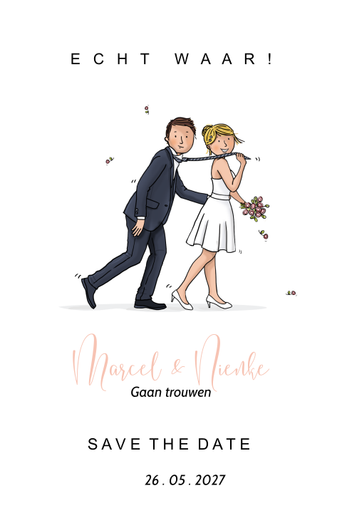 Grappige save the date met bruidspaar stropdas
