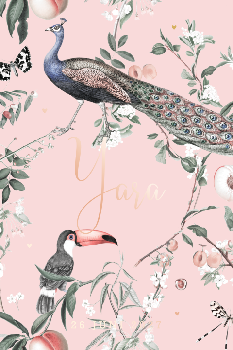 Geboortekaartje meisje met pauw met folie meisje