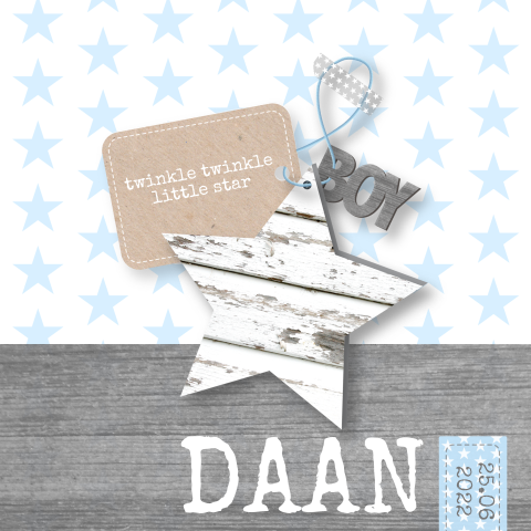 Geboortekaartje sterren hout jongen