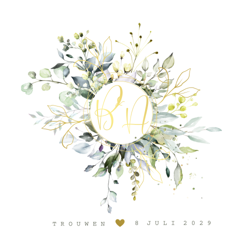 Trouwkaart met eucalyptus bladeren en foliedruk