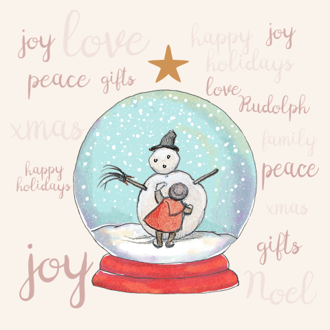 Kerstkaart sneeuwpop Anton Pieck in sneeuwbol