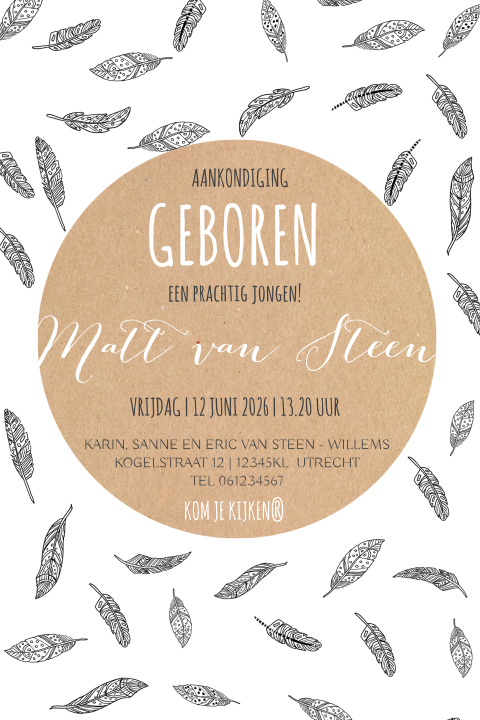 Geboortekaart cirkel met veertjes voor een jongen