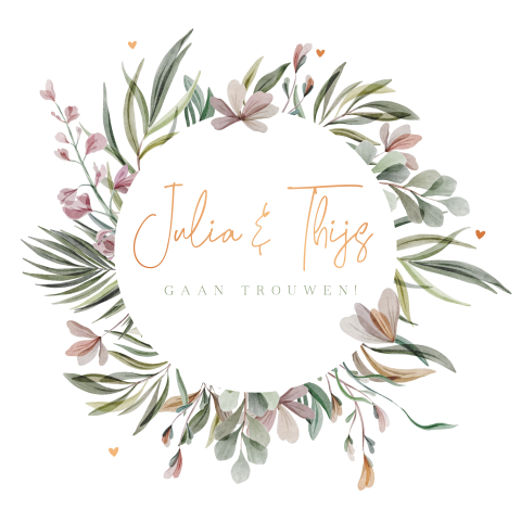 Trouwkaart krans prachtige bloemen en takjes koper foliedruk