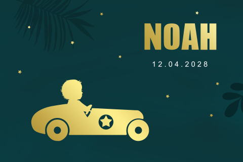 Enkele liggende geboortekaartje jongen met raceauto en foliedruk