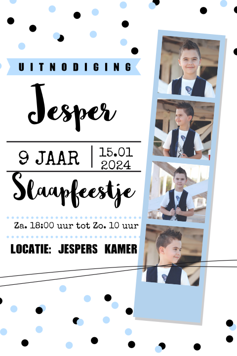 Uitnodiging slaapfeestje fotostrip confetti blauw