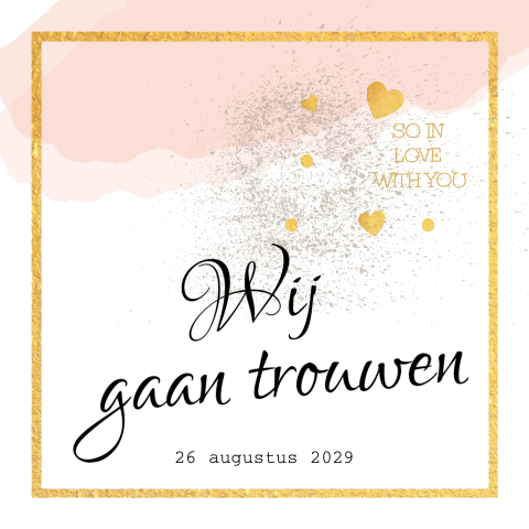 Zalm pastelkleurige trouwkaart met goud kader en hartjes