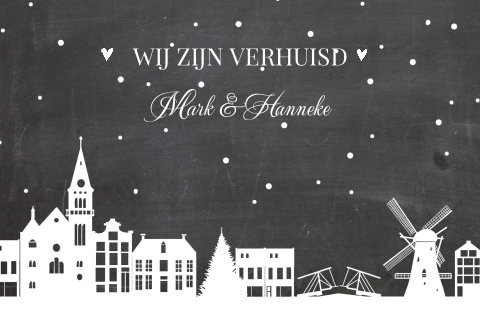 Hollandse kerst verhuiskaart krijtbord en kerstsfeer 