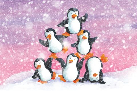 Kerstkaart vrolijke pinguïn toren