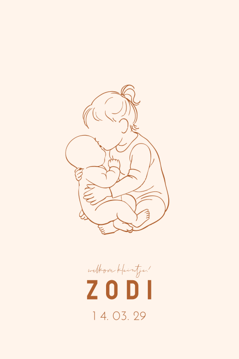 Geboortekaartje voor een 2e kindje met grote zus die baby knuffelt