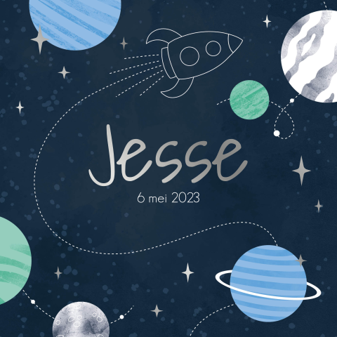 Geboortekaartje jongen raket, planeten en sterren blauw foliedruk