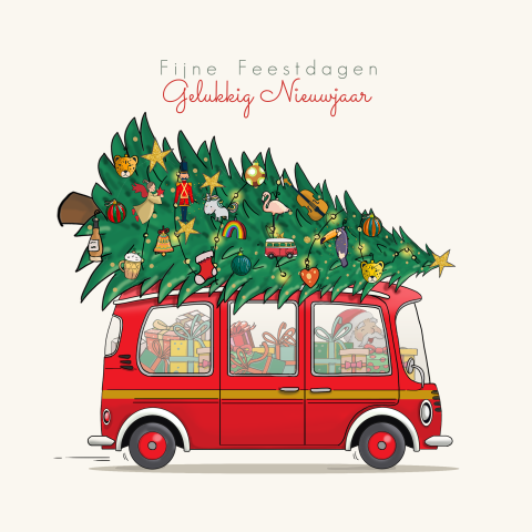 Getekende kerstkaart grappige busje met kerstboom