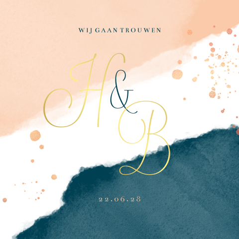 Trouwkaart uitnodiging met waterverf blauw en roze