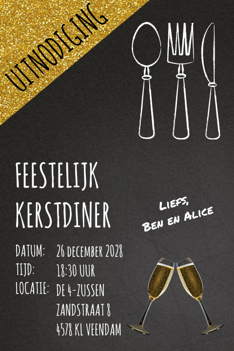 Krijtbord uitnodiging kerstdiner met mes vork en lepel