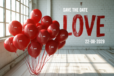 Save the Date uitnodiging met LOVE rode ballonnen