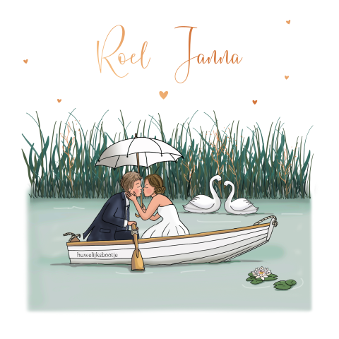 Stijlvolle trendy trouwkaart huwelijksbootje met koperfolie