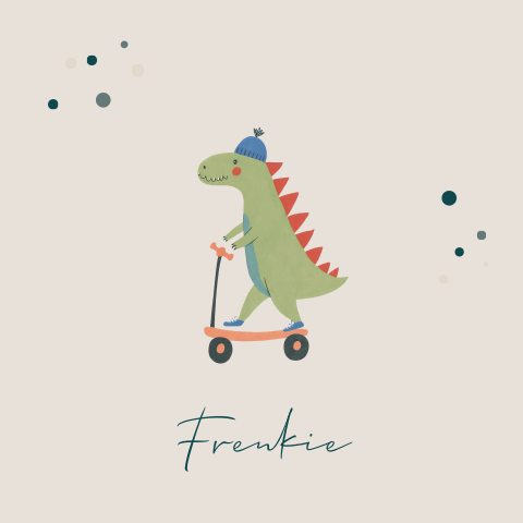 Geboortekaartje jongen met een getekende dino op een step