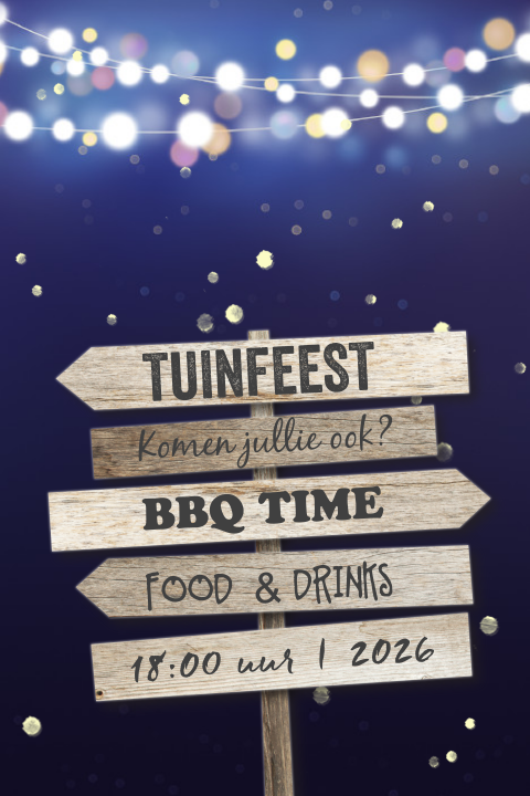 BBQ tuinfeest uitnodiging blauw met wegwijzer borden