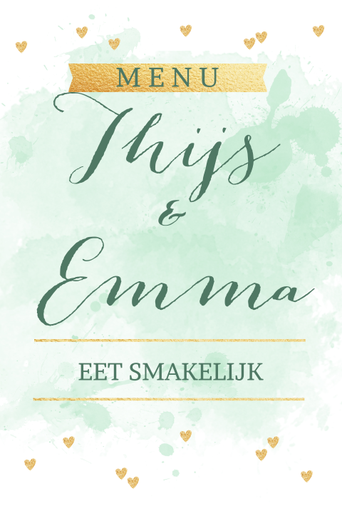 Menukaart aquarel en hartjes in goud-look