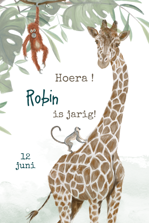 Verjaardagsfeest uitnodiging met jungle giraf en aapjes