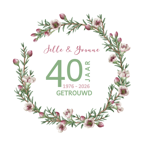 Jubileum 40 uitnodiging met bloemenkrans roze aanpasbaar jaartal
