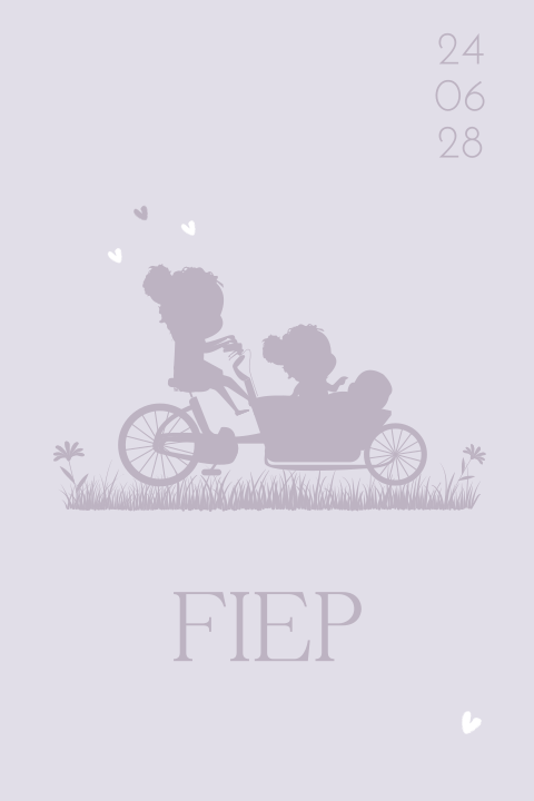 Bakfiets geboortekaartje derde kindje grote zussen en baby meisje