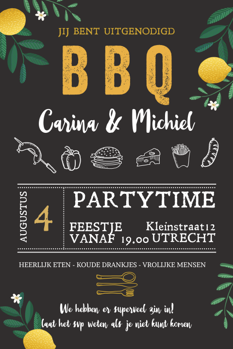 Uitnodiging voor een zomer bbq citroenen goud