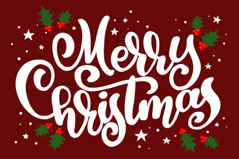 Kerstkaart Merry Christmas tekst sterren en hulst bladeren