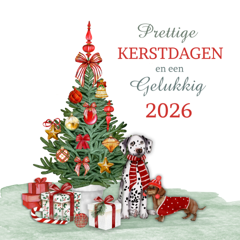 Kerstkaart kerstboom met hondjes en cadeaus 