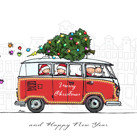 Super leuke witte kerstkaart met gezin in volkswagen bus