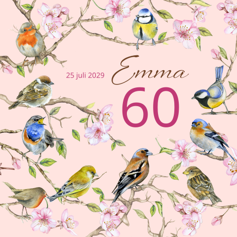 Uitnodiging 60 jaar vrouw met vogels op takken