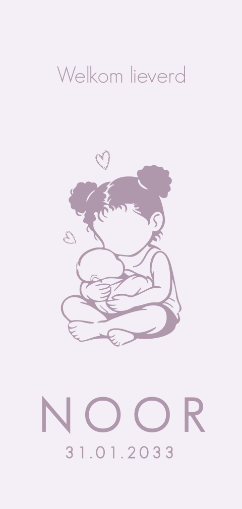 Lief geboortekaartje met grote zus en baby meisje