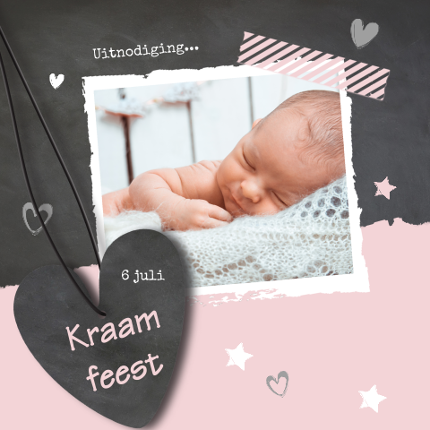 Uitnodiging kraamfeest meisje schoolbord met label in roze