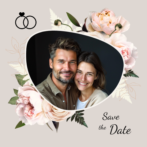 Save the Date  uitnodiging met eigen foto en roze rozen