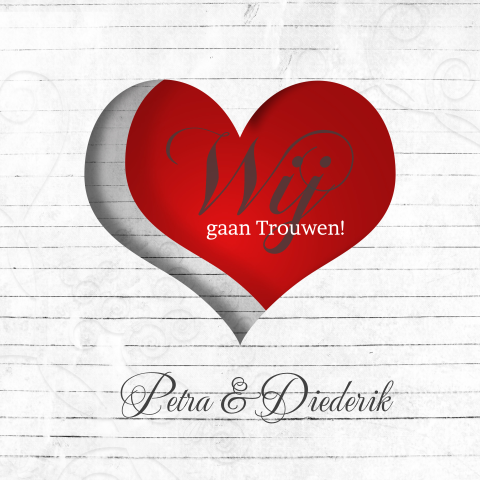 Witte foto trouwkaart met hart en sierlijke grijze ornamenten