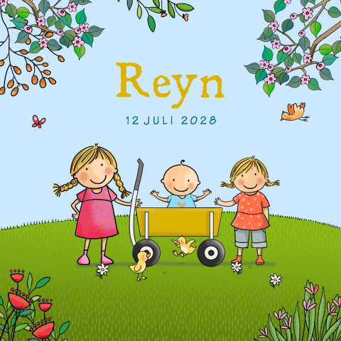 Geboortekaartje 3e kindje bolderkar met zusjes en baby jongen