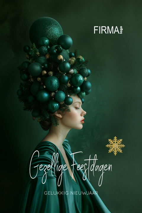 Prachtige kunstzinnige Kerstkaart dame met kerstbal kapsel