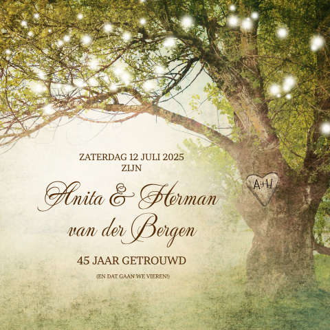 Romantische uitnodiging voor 45 jarig jubileum met boom