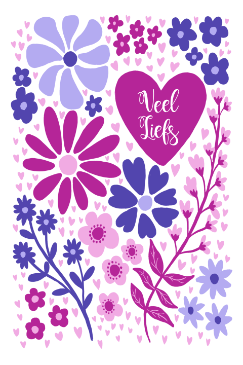Wenskaart bloemen hartjes roze paars