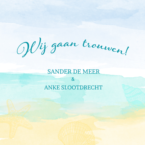 Strand thema trouwkaart met blauwe verf en strand beach look