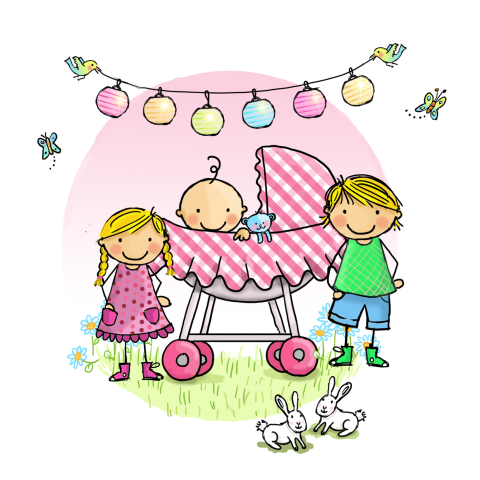 Geboortekaart meisje 3e kindje roze wieg