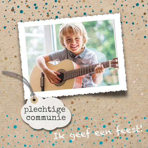 Feestje uitnodiging plechtige communie label en eigen foto