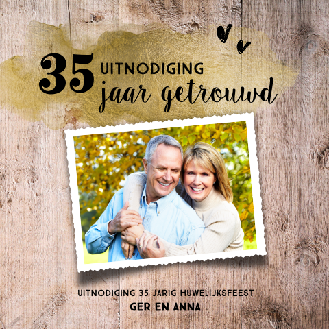 Jubileum uitnodiging 35 jaar met goud en hout