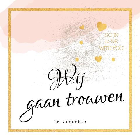 Zalm pastelkleurige trouwkaart met goud kader en hartjes