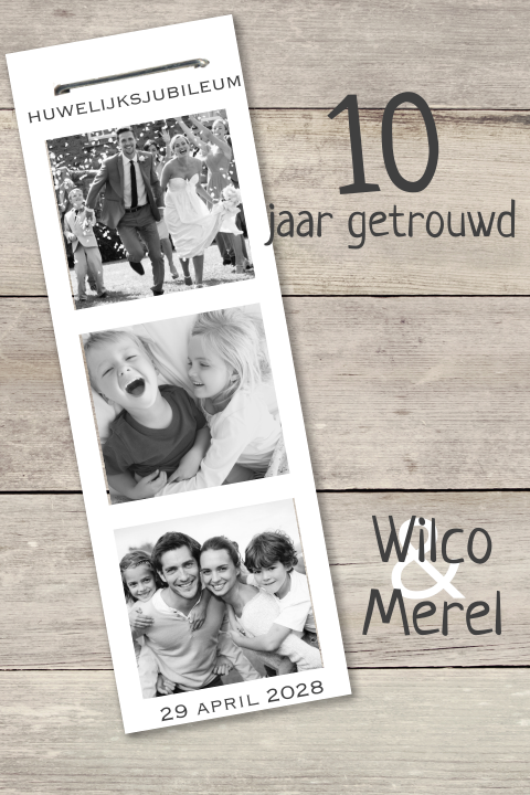 Uitnodiging jubileum 10 jaar met hout design en foto strip