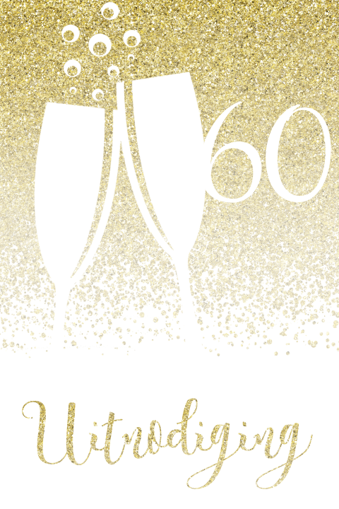 Jubileum uitnodiging 60 met gouden glitters met champagne glazen